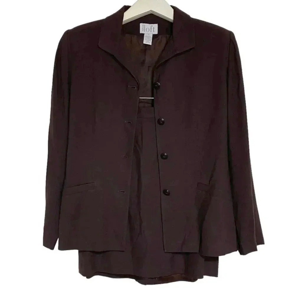 Ann Taylor Loft Skirt Suit 10 Brown Button Front Jacket Pencil Skirt‎ Set